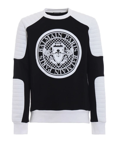 Shop Balmain Bicolour Cotton Padded Sleeves Sweatshirt In Black/white