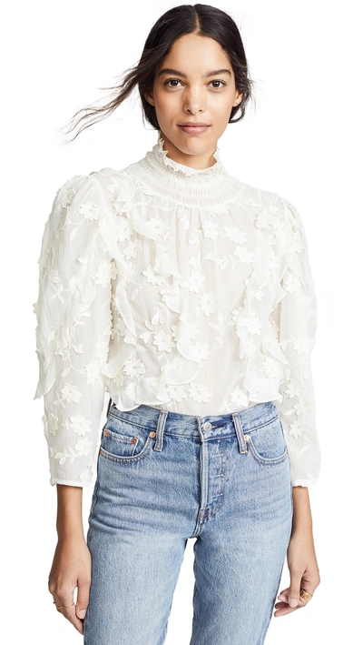 Shop Rebecca Taylor Long Sleeve Silk Embroidered Top In Cream