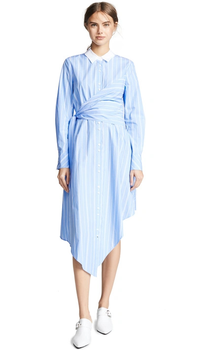 Shop Jonathan Simkhai Long Sleeve Oxford Wrap Dress In Blue Stripe/white
