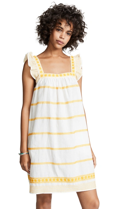 Shop Tory Burch Embroidered Ruffle Sleeveless Dress In New Ivory/goldfinch