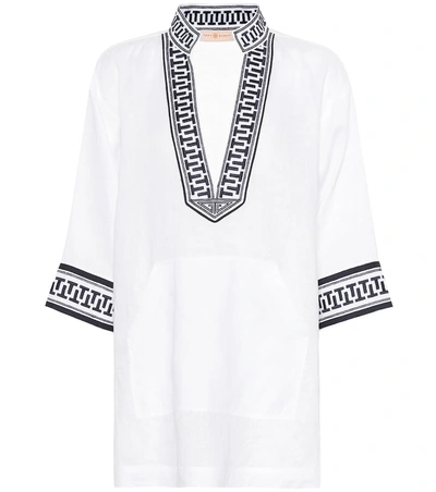 Shop Tory Burch Embroidered Linen Tunic In White