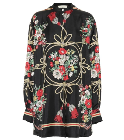 Shop Gucci Floral Oversized Silk Shirt In Black