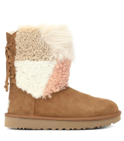Shop Ugg Classic Short Patchwork Fluff Ankle Boots In Brown