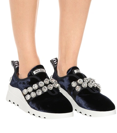 Shop Miu Miu Embellished Velvet Sneakers In Blue