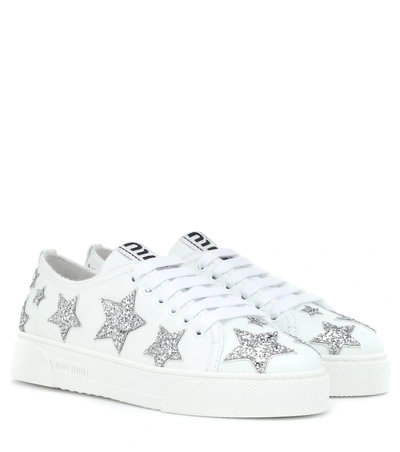 Shop Miu Miu Glitter Leather Sneakers In White