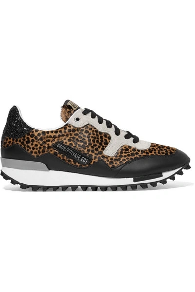 Shop Golden Goose Starland Glittered Leather And Suede-paneled Leopard-print Calf Hair Sneakers In Leopard Print