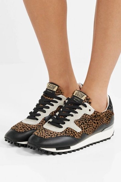 Shop Golden Goose Starland Glittered Leather And Suede-paneled Leopard-print Calf Hair Sneakers In Leopard Print