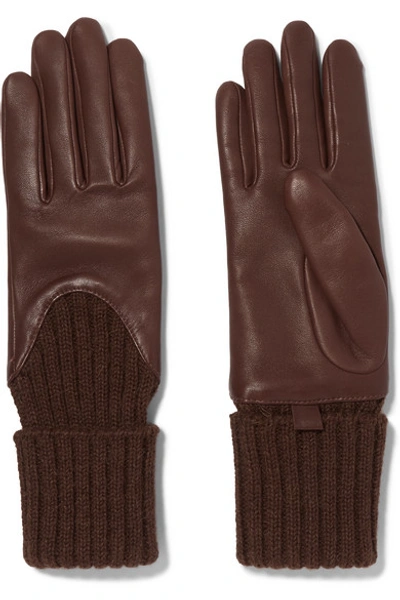 Shop Agnelle Leather And Ribbed Cashmere Gloves In Brown