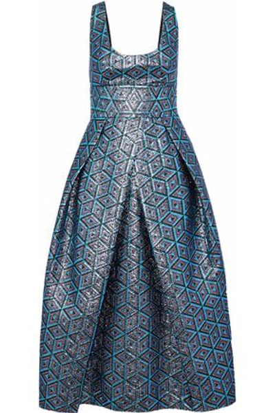 Shop Milly Stella Pleated Metallic Jacquard Midi Dress In Light Blue