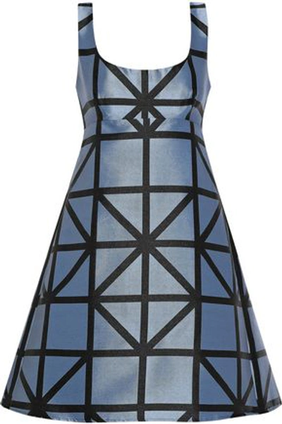 Shop Milly Roxanne Flared Satin-jacquard Mini Dress In Light Blue