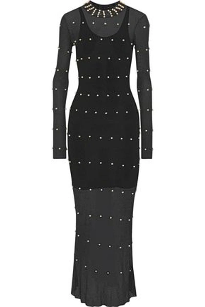 Shop Sonia Rykiel Woman Faux Pearl-embellished Pointelle-knit Maxi Dress Black