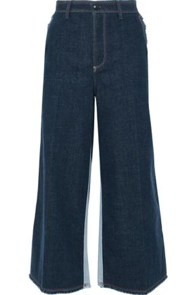 Shop Sonia Rykiel Woman Cropped Two-tone Mid-rise Wide-leg Jeans Dark Denim
