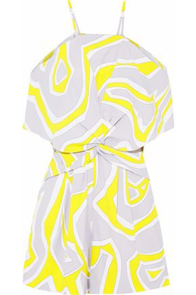 Shop Emilio Pucci Woman Cold-shoulder Twist-front Printed Crepe Playsuit Yellow