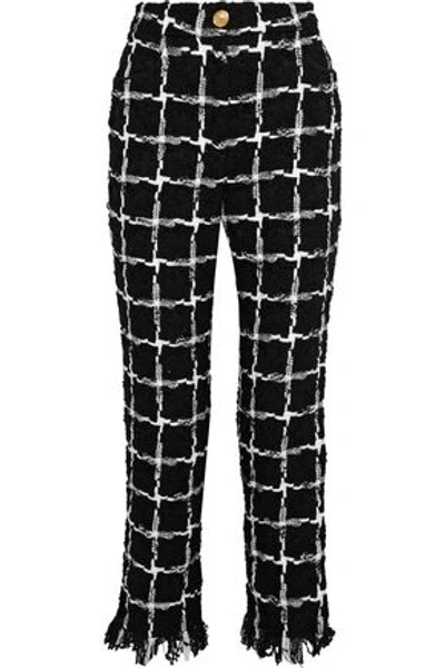Shop Balmain Checked Bouclé-tweed Straight-leg Pants In Black