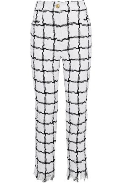 Shop Balmain Woman Checked Bouclé-tweed Straight-leg Pants White