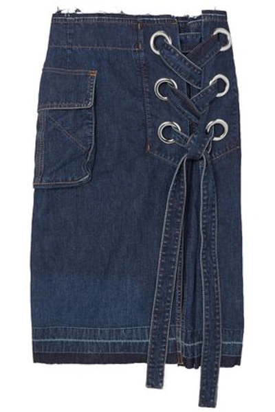 Shop Sacai Woman Lace-up Frayed Denim Skirt Dark Denim