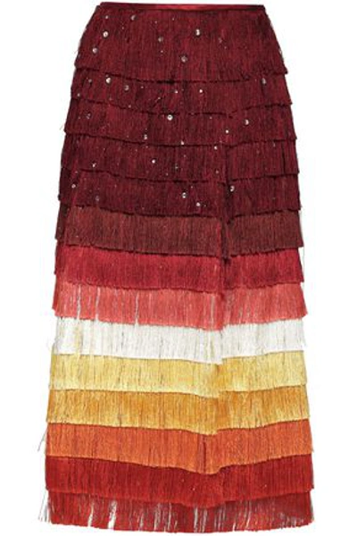 Shop Marco De Vincenzo Embellished Fringed Color-block Satin Midi Skirt In Brick