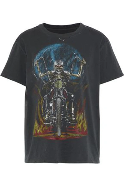 Shop R13 Woman Distressed Printed Cotton-jersey T-shirt Dark Gray