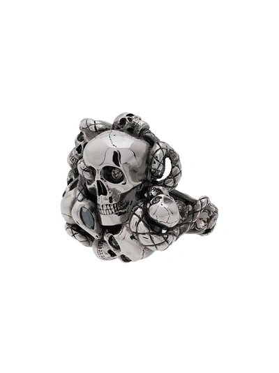 Shop Alexander Mcqueen Chunky Skull And Snake Ring - Metallic