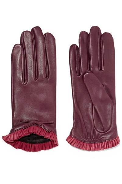 Shop Agnelle Josie Bow-embellished Ruffled Leather Gloves In Claret