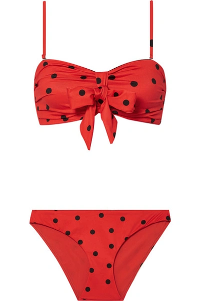 Shop Ganni Polka-dot Tie-front Bandeau Bikini In Red