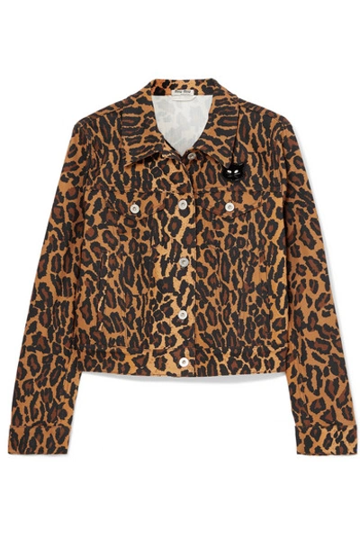 Shop Miu Miu Cropped Leopard-print Denim Jacket In Brown