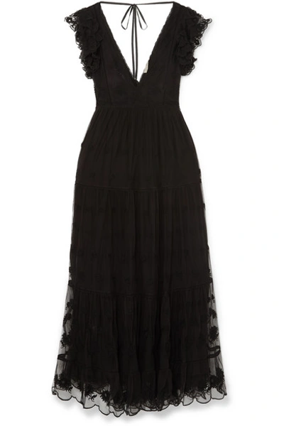 Ulla Johnson Fifi Embroidered Tulle And Voile Maxi Dress In Black | ModeSens