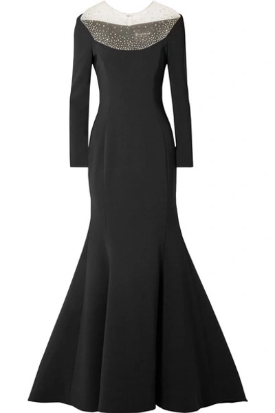 Shop Reem Acra Pleated Embellished Tulle And Cady Gown In Black