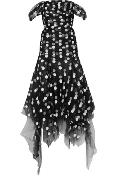 Shop Oscar De La Renta Asymmetric Off-the-shoulder Polka-dot Tulle Gown In Black