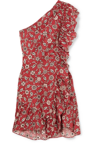 Shop Isabel Marant Étoile Teller One-shoulder Ruffled Printed Linen Mini Dress In Red