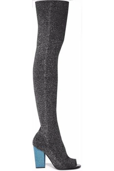 Shop Missoni Woman Glittered Ribbed-knit Thigh Boots Black
