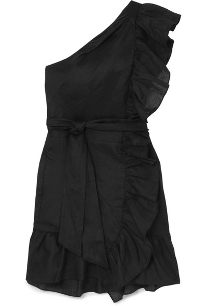 Shop Isabel Marant Étoile Teller One-shoulder Ruffled Linen Mini Dress In Black