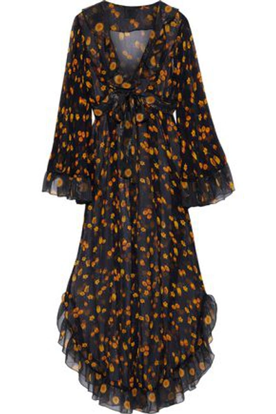 Shop Anna Sui Woman Ruffle-trimmed Metallic Floral-print Silk-georgette Maxi Dress Black