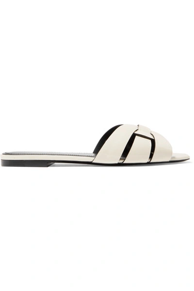 Shop Saint Laurent Nu Pieds Woven Patent-leather Slides In White