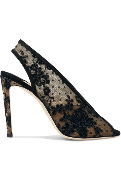 Shop Jimmy Choo Shar 100 Suede-trimmed Lace Slingback Pumps In Black