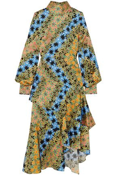 Shop Peter Pilotto Woman Asymmetric Printed Silk-jacquard Midi Dress Multicolor