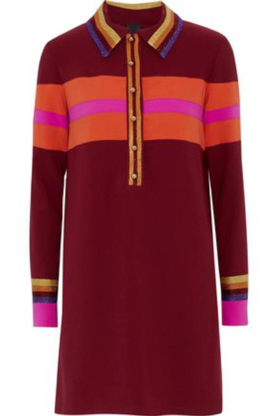 Shop Anna Sui Metallic-trimmed Striped Crepe Mini Shirt Dress In Claret