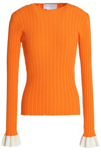Shop Esteban Cortazar Woman Ruffle-trimmed Ribbed-knit Top Bright Orange