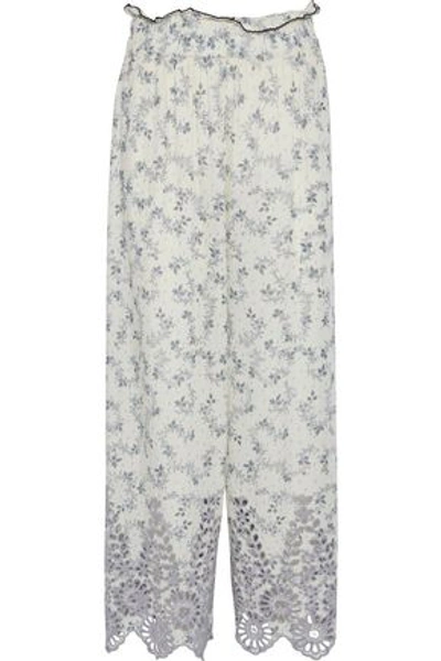 Shop Ganni Woman Emile Printed Broderie Anglaise Wide-leg Pants Off-white