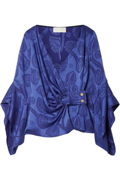 Shop Peter Pilotto Woman Satin-jacquard Wrap Top Cobalt Blue