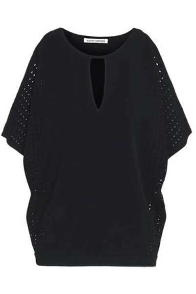 Shop Autumn Cashmere Woman Off-the-shoulder Pointelle-trimmed Knitted Top Black