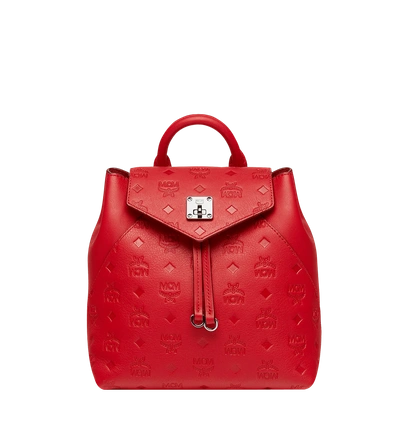 Shop Mcm Essential Backpack In Monogram Leather In Viva Red