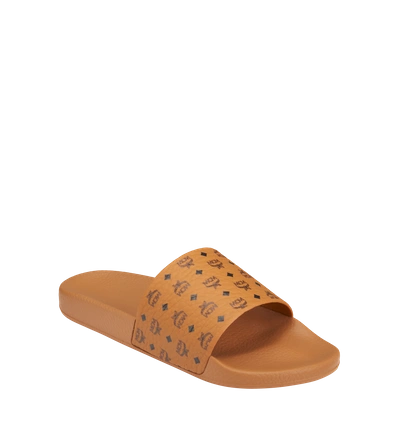 Mcm Logo-print Single-strap Slides In Cognac