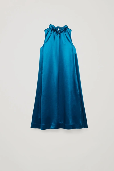 Shop Cos Frill-neck A-line Satin Dress In Turquoise