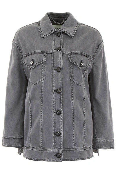 Shop Fendi Denim Jacket With Pearls In Nougat|grigio