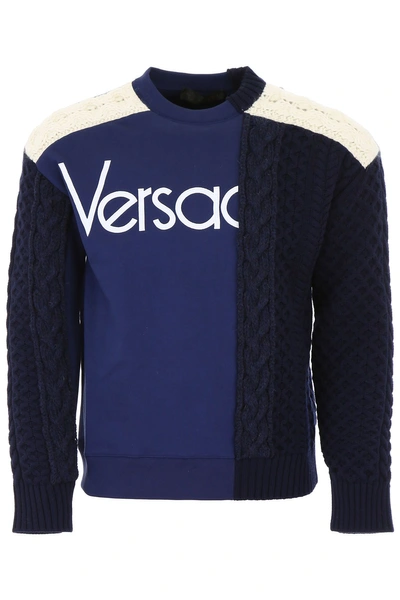 Shop Versace Knit And Jersey Top In Blue (white)