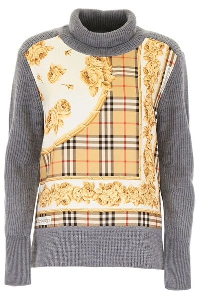 Shop Burberry Pullover With Archive Scarf Print In Grey Melange|grigio