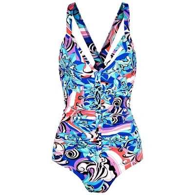 Shop Emilio Pucci Printed Ruched Swimsuit In Multicoloured