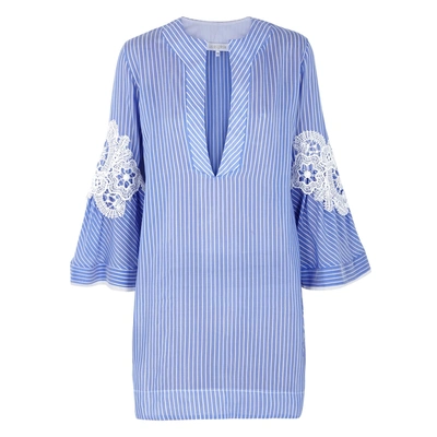 Shop Lila.eugenie Lila. Eugénie Striped Appliquéd Voile Kaftan In Blue And White