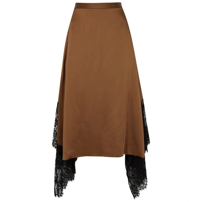 Shop Christopher Kane Toffee Lace-trimmed Satin Midi Skirt In Brown